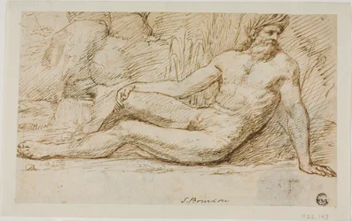 River God (recto); Skisser av två manshuvuden (verso)