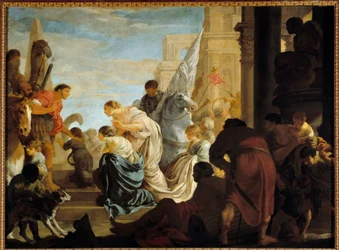 Mötet mellan Antoine och Cleopatre Drottningen av Egypten Cleopatre (79-30 f.Kr.) träffar sin blivande älskare Marc Antoine (83-30 f.Kr.) troligen i Rom. Målning av Sebastien Bourdon (1616-1671) 1600-talets sön. 1,45x1,97 m