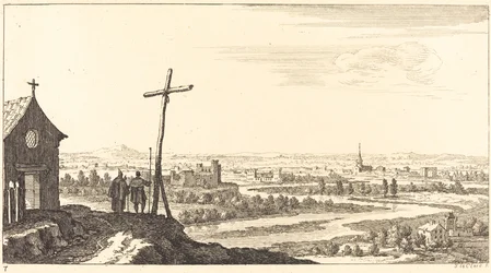 Landskap med kyrka och stad på avstånd