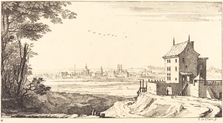 Landskap med stad i avstånd