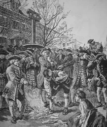 Bostonbor som bränner det stämplade papperet (litho)