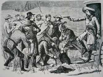 Fyra banditer övermannar och plundrar två officerare och sju soldater nära Bismarck, Dakota-territoriet, från 
