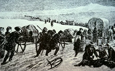 Mormonvagnståg i en snöstorm på väg mot Salt Lake City, Utah (gravyr)