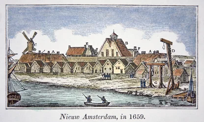New Amsterdam (senare New York) på Manhattan Island, från en vy publicerad 1659 (färg litho)