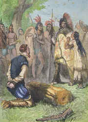 Pocahontas räddar livet på John Smith (färgad gravyr)