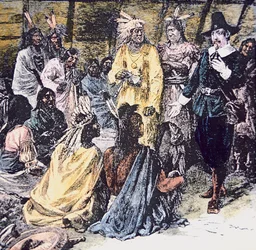 Roger Williams köper den mark som krävs från Narragansett-indianerna (färg litho)
