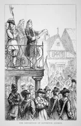 Sir Edmund Andros utropar Nya Englands herravälde 1686 med sig själv som guvernör (litho)