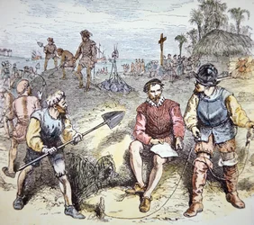 Grundandet av St. Augustine i Florida av spanjorerna 1565 (färg litho)