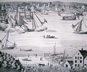 Utsikt över East River, New York ca 1750 med ett skeppsbyggnadscentrum (litho)
