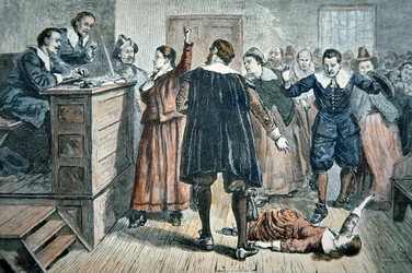 Witches of Salem - en flicka förhäxad vid en rättegång 1692 (färg litho)
