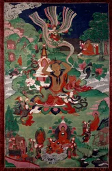 Avsnitt av Buddhas liv: frisyr. Gobeläng. Paris, Guimet-museet, Nationalmuseet för asiatisk konst