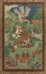 Frisyr och andra scener. Thangka från en uppföljare tillägnad de viktigaste avsnitten av Buddhas liv.