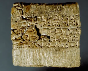 Assyrisk civilisation: graverad låda med kilskriftsfigurer om produktionen av två silvergruvor. Istanbul, arkeologiskt museum