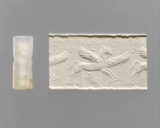 Cylindertätning och modernt intryck: bevingad häst med klor och horn, ca 1300-1200-talet f.Kr. (kalcedon)