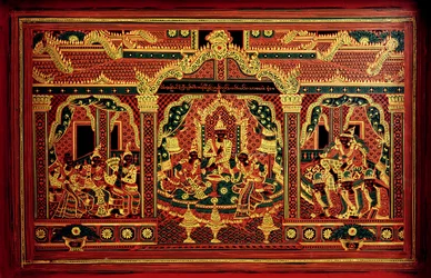 Detalj av en manuskriptkista från Myanmar (lackerat trä)