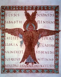 representation av en miniatyrserafin hämtad från det karolingiska manuskriptet "Sacramentaire de Drogon", avsett för Drogon, son till Karl den Store. 900-talets Paris, B.N.