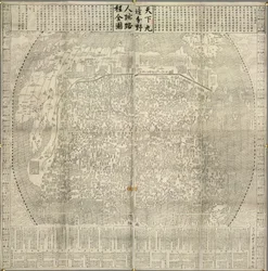 En karta över Kina och grannländerna. Landmärken som muren. Daterad 1645.