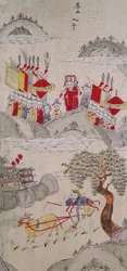 En panel från en åttafaldig skärm som skildrar kända historier från Kina (naturliga pigment på papper)
