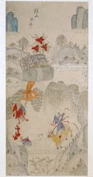 En panel från en åttafaldig skärm som skildrar kända historier från Kina (naturliga pigment på papper)