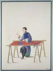 En kvinna som broderar, ca 1800 (akvarell på papper)