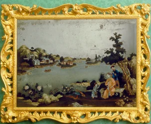 Kinesisk spegelmålning av landskap, musik och vers (pigment på spegel)