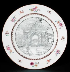 Middagstallrik dekorerad en grisaille med Rose Famille emaljer föreställande Jacob Bobart (1599-1680) med en get och en hund, Qianlong period (1736-95) (porslin)
