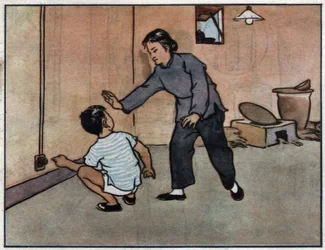 Teckning, mamma som varnar sitt barn för faran med eluttag. Illustration, i "How to use electricity safely", Kina