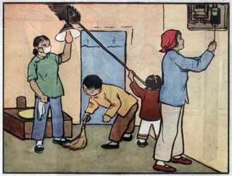 Teckning med en familj som underhåller interiören i sitt hus. Illustration, i "Hur man använder el på ett säkert sätt", Kina