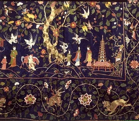 Broderade hängningar från State Bed i Calke Abbey, tidigt 1700-tal (detalj) (broderi av färgat siden och guldtråd)