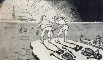 General MacArthur med sin skelettskugga som betraktar tvillingarna i Folkrepubliken Kina. Karikatyr, i "Satiriska teckningar", Peking