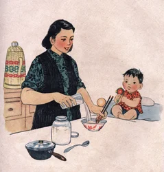 Mamma förbereder en måltid för en baby. Illustration, i "Comment mieux nourrir nos enfants", Edition Le Journal de la Sante, Pekin