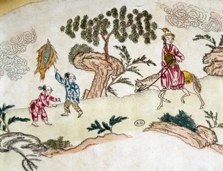 Adlig kvinna till häst och barn som leker drake - kinesiskt tryck, cirka 1800