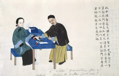 Eller 11539 fol.89v Tar en puls, från ett album med scener av livet i Kina (akvarell på papper)