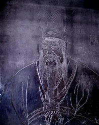 Porträtt av den kinesiska filosofin Konfucius (551-479 f.Kr.), Gravsten, Shanghai Museum