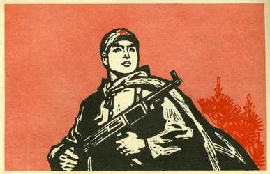 Porträtt av en soldat från Folkrepubliken Kina. Illustration de propagande, i "Manuel pour bien dessiner", Pekin