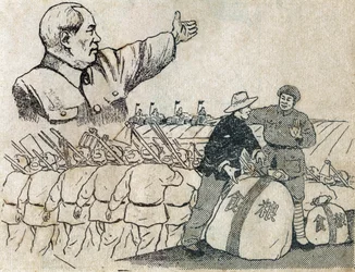 President Mao (1893-1976) visar vägen till det moderna jordbruket för kinesiska bönder. Illustration av propaganda, i "Satiriska teckningar", Pekin