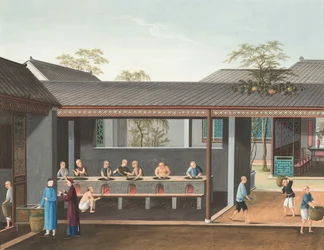 Teproduktion, ca 1820 (kroppsfärg och guldfärg på siden, nedlagd på papper)