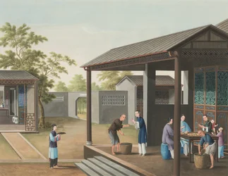 Teproduktion, ca 1820 (kroppsfärg och guldfärg på siden, nedlagd på papper)