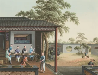 Teproduktion, ca 1820 (kroppsfärg och guldfärg på siden, nedlagd på papper)