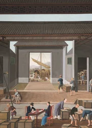 Teproduktion, ca 1820 (kroppsfärg och guldfärg på siden, nedlagd på papper)