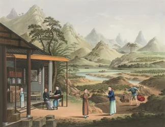 Teproduktion, ca 1820 (kroppsfärg och guldfärg på siden, nedlagd på papper)