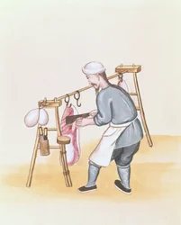 Köttsäljaren, från en bok om Pekings gatan, ca 1785 (akvarell och gouache på papper)