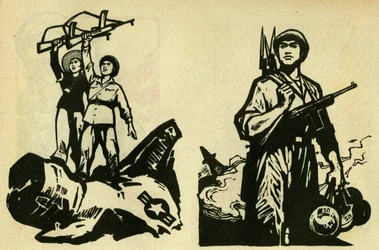 Vietnamesiska kommunister som segrare över USA. Illustration de propagande, i "Manuel pour bien dessiner", Pekin