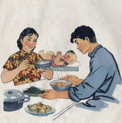 Ungt par och hennes bebis under en måltid. Illustration, i "Comment mieux nourrir nos enfants", Edition Le Journal de la Sante, Pekin