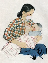 Ung mamma ammar sin bebis. Illustration, i "Comment mieux nourrir nos enfants", Edition Le Journal de la Sante, Pekin