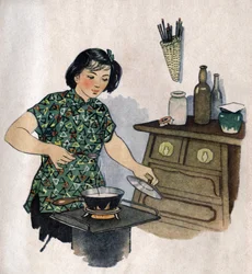 Ung mamma förbereder mat till sitt barn. Illustration, i "Comment mieux nourish nos enfants", Edition Le Journal de la Sante, Pekin