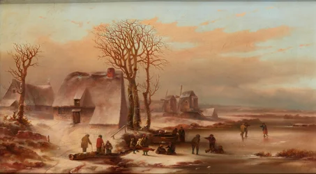 Ett vinterlandskap med figurer på en frusen sjö (olja på duk)