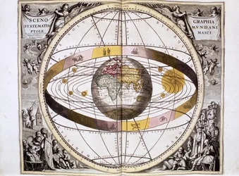 Ptolemaiskt, geocentriskt, jordcentrerat, universumsystem, med solens, månens och planeternas position, ur "Harmonia Macrocosmica" av Andreas Cellarius, Amsterdam