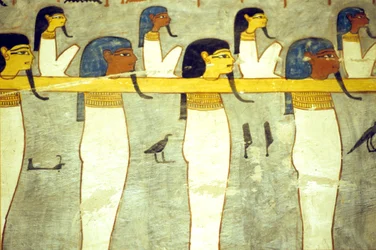 Forntida Egypten, målning, underjordens gudar tjudrade till Hathor, gudomlig ko, bogserar solbarken, Ramses I:s grav, Thebe