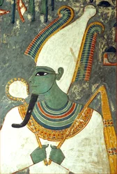 Forntida Egypten, målning, Osiris, Horemhebs grav, Thebe, gud över livet efter döden, underjorden och de döda, grönhyad med faraoskägg, med en krona med två stora strutsfjädrar på vardera sidan och hållande en symbolisk herdestav och slaga